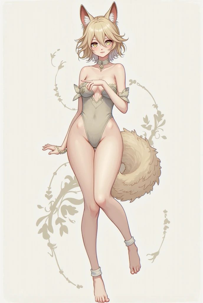1girl light skin, seductive smirk, b cup size, blonde hair with pig tails, lime green eyes, wears grey lingerie, wears brown soft slippers, full body view,