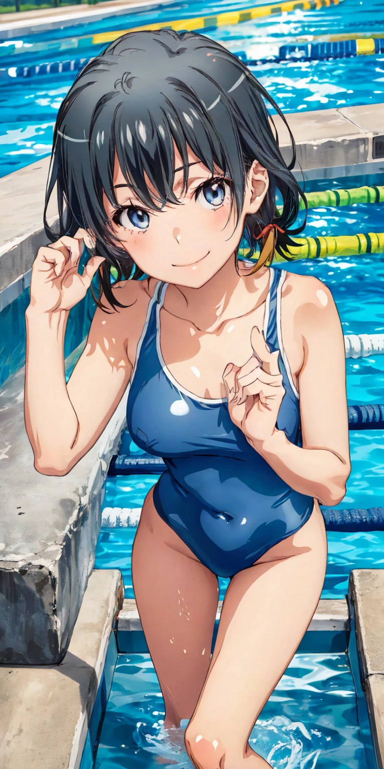 masutepiece、masterpiece、top-quality、ultra-detailliert、hight resolution、 hight resolution、8K Portrait、Unity 8k Wallpapers、extremely details CG、Unity 8k壁纸、Highly detailed CG Unity 8k wallpaper、realisticlying、realperson、 Portrait photos、shinny skin、(sixteen years old:1.5)、high-detail、Beautiful clear eyes、Ultra-fine depiction、delicated face、Lovely lips、big breasts thin waist、Thin leg、女の子1人、the pose、(((flat chest:1.2)))、(Navy School Swimsuit:1.4)、((school poolside:1.5))、Outstanding smile、Pupils、During pool classes、((all-fours:1.5))、(Raise your buttocks high、Forward leaning position、Kamimei、(A girl is looking at me)
