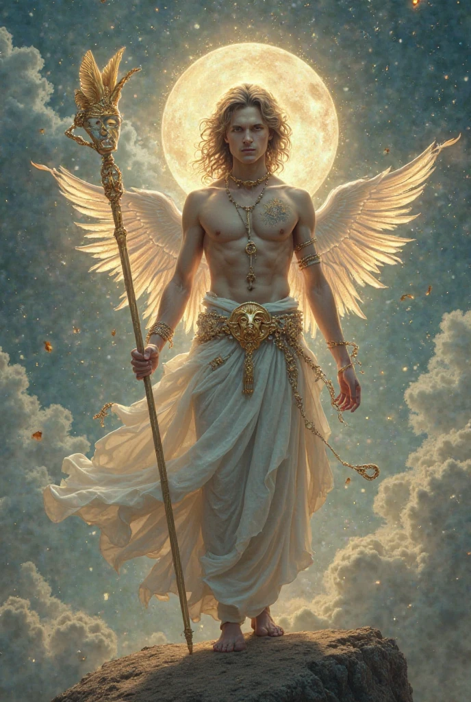 A perfect angel appears before our eyes, emanating a heavenly light that illuminates everything around it. Its pristine white wings extend majestically revealing soft, perfectly aligned feathers. His slender, radiant body seems made of pure light, wrapped in a golden robe that shines like the sun.

The angel is in a celestial centnario, with fluffy, cotton-white clouds that seem to float around him. Rays of golden light pierce through the columns of clouds, creating a mystical and divine backdrop. A golden harp is in his hands, delicate fingers sliding over the invisible strings, creating a heavenly melody that resonates in the air.

In the background, bright rainbows stretch across the sky, bringing vibrant colors and a sense of peace and hope. The angel is standing on a platform of clouds, looking gently down, as if protecting and guiding all who look at him. His serene expression and bright eyes convey love, compassion and divine wisdom.

It is a vision of transcendent beauty, a perfect representation of divinity and heavenly purity. Every detail is meticulously carved, emanating an aura of peace and serenity that touches the hearts of those who have the opportunity to witness such a wonder. --auto