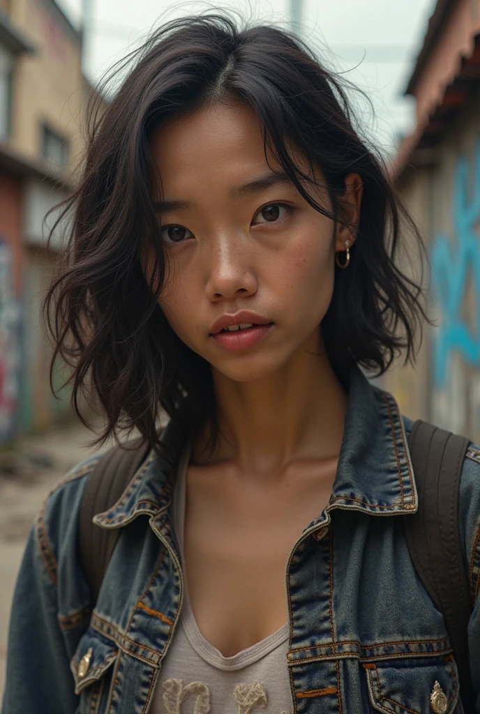 Film Portrait Photography、Best Quality, masutepiece, 超A high resolution, (Photorealistic:1.4), 1girl in, Wear a tank top,denim pant、 (lovely breast:1.2), Looking at Viewer, (((straight from front))), Film grain, FujifilmXT3, ((medium shot:1.5)), (Professional Lighting:1.6)