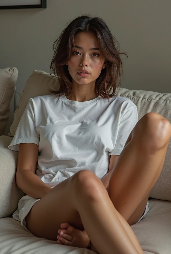 a hyper-realistic portrait of a young woman, in the middle of nature, 22 years old, realistic, (lying on her side), sexy, (huge breasts 2:1), short brown hair, (hair tied with bows), curved, SFW