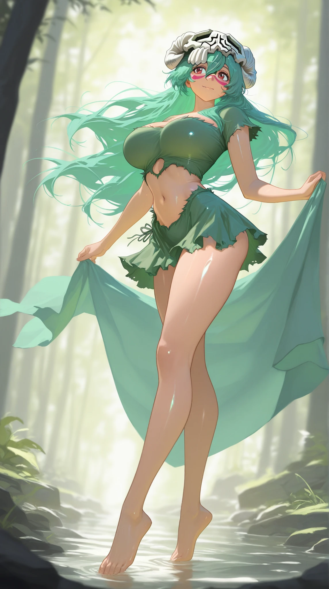 A woman with a pink petal crop top and short skirt, And pink petal bracelets on her wrists and ankles, She has green vines merged with her skin (Green Energy Veins), Alraune, Fantasy Plant species.