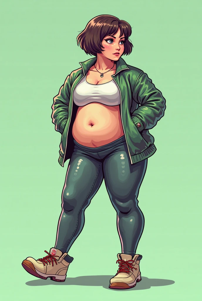 (Monika wearing a ((emerald green zip up hoodie)), (white jeans), and black knee high lace up converse boots with round toes), Large breasts, thick thighs, cute, full body image, back view, long hair, green eyes, quality images, ((high quality faces)), underground, standing, shy and cute posing