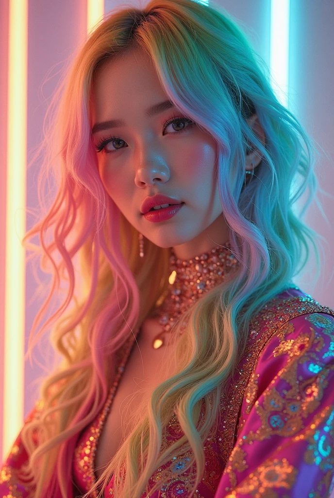Create an image of a kpop idol with long platinum hair with yellow highlights dressed in neon yellow