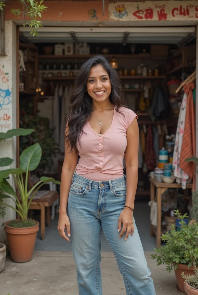 alta qualidade, obra-prima, 1girl, sozinho, melhor qualidade, realista, ((fotografia hiper-realista de uma linda mulher negra sorridente)), ((por volta de 38 anos de idade)), (((pele escura))), Brasileira, cabelos crespos na altura dos ombros, olhos castanhos escuros, (wide smile with very white tooth line on display), (wearing a light pink baby blouse with no print), with curvy mother's body, ((sitting on the domestic sewing machine in her studio)), costurando, Facing the camera squarely, cinematic lighthing, melhor qualidade, luz do dia, cores vividas, 8 mil,  olhando para o espectador, tiro direto , 4k, HDR. por (Tiago C. Christensen:1.2 | Jeremy Lipking:1.1).