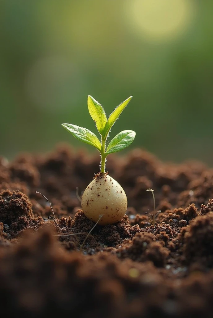 4K HD image showing a germinating seed with a soft and attractive background. The seed is partially buried in the soil, with a small root and green shoot emerging. The background should be a smooth gradient of light green and blue., creating a sense of tranquility and growth. Lighting should be soft, highlighting the seed and the sprout, with a sharp focus to ensure all germination details are visible.
