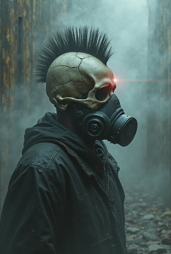 A realistic, ultra-detailed photograph portrait of a middle-age male warrior, shirtless, bio hazard mask. flask this hands with smoke, devastated land, clouds of green poison, blue smoke. The name “Toxic Grey” is prominently displayed in horrors letters behind him.