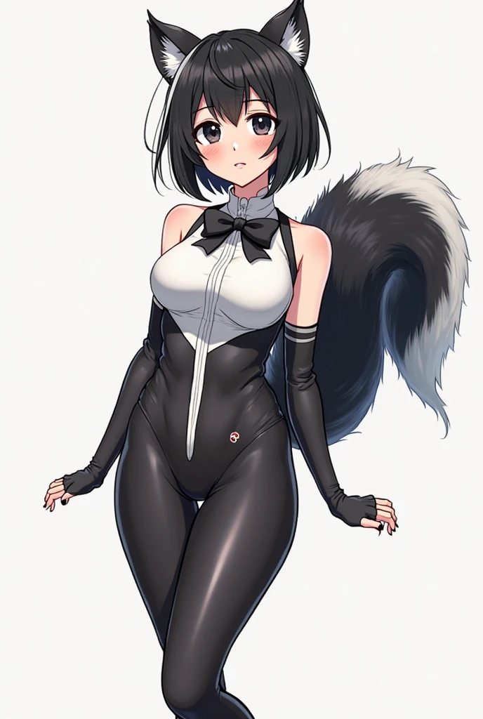 1 girl, high quality, bob hair, black hair, forehead, green eyes, medium breasts, white leotard,(straps on thighs), thick thighs, simple background, high gloves, stockings, cameltoe, cat tail, cat ears,((thong)), (lace:1.2), nipples