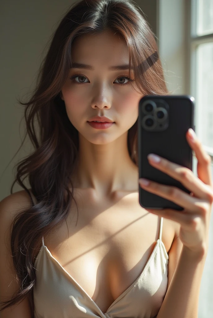 Beautiful girl asian with smooth long hair black, Black dress with neckline, she is taking a photo in the mirror with a cell phone, That you can see the face, perspective of the cell phone camera, dynamic pose, sitting on the floor