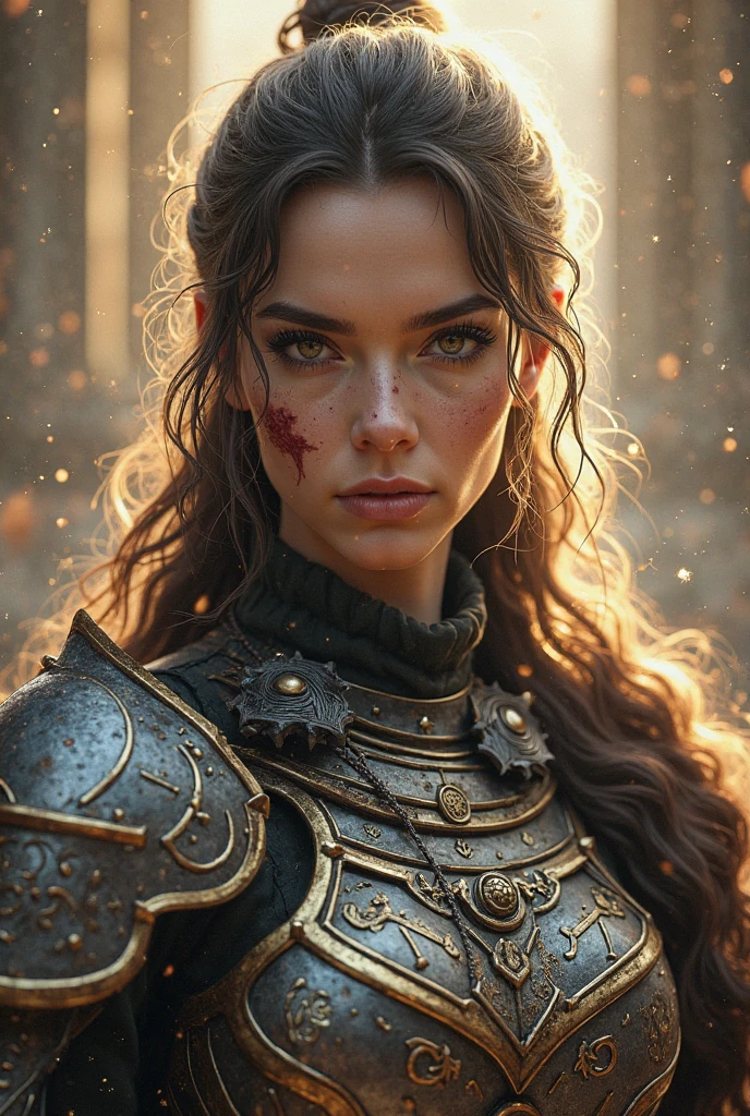Photo of adepta sororitas, argent shroud, full armor, full metal armor, Christina Chong beautiful face, narrowed eyes. smirk. black braided hair with narrowed eyes, wearing intricate ornamented metal armor, stern face,, solo, (female:1.2), epic, platinum white armor, white pelvic curtain, bronze trimmings, , facial scar, iron halo, ((upper body:1.3)) focus, close-up, banner background,