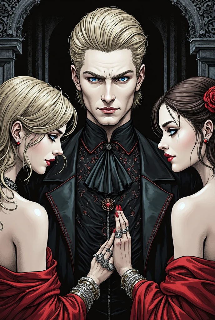 A slightly cartoonish/anime-style image featuring a male vampire with sharp vampire fangs. He is drinking blood from the neck of an attractive blonde female. The vampire has pale skin, dark hair, and glowing red eyes, wearing a classic Victorian suit with a high-collared cape. The blonde female has long, flowing hair and is dressed in an elegant, sleeveless gown. The scene is set in a dimly lit, gothic room with ornate decorations and a sense of dark romance. The overall style should blend elements of realism with the distinct,