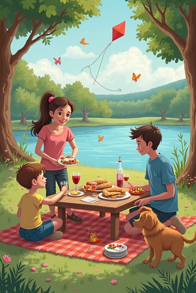 Scenario:** An outdoor garden in the afternoon. The space is spacious and well maintained., with a lush green lawn and colorful flowers all around. There is a wooden picnic table under a large tree, with a patterned tablecloth and a selection of home-made foods arranged in an appetizing way.
**Woman:** She is a woman with a relaxed and cheerful style.. She is wearing a light, flowery dress., ideal for a day outdoors, and wear comfortable sandals. Her hair is loose and a little wavy., and she wears a straw hat to protect herself from the sun.
**activity:** She is organizing a picnic, arranging plates and glasses on the table with a cheerful smile. Next to you, there is an open picnic basket, full of breads, fruits and homemade cookies. She is interacting with the children playing in the garden, helping them set up a little hut with sheets and pillows.
**Additional Detail:** Near the table, there is a group of garden chairs and a small barbecue, suggesting a plan for a family lunch. The atmosphere is light and fun, with laughter and conversation in the background. The environment reflects a feeling of relaxation and happiness, showing that she values simple and enjoyable moments with her family.
This scene conveys the idea that the woman is affectionate and enthusiastic., creating memorable and joyful experiences for your family and friends in a relaxing and natural environment.