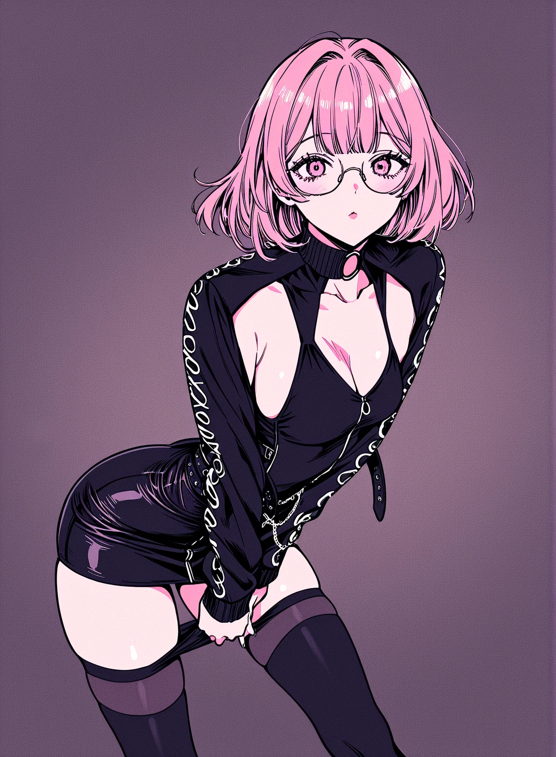 A woman in black underwear and glasses is posing, Wrapped in leather straps, 2B, 2b ..., Harness and Garters, Stop 4, Wearing Atsuko Kudo&#39;s latex costume, Masuimi Max, hints of yayoi kasuma, Stop 4 *, ((Suppressed)), Junko Enoshima, Wearing glasses