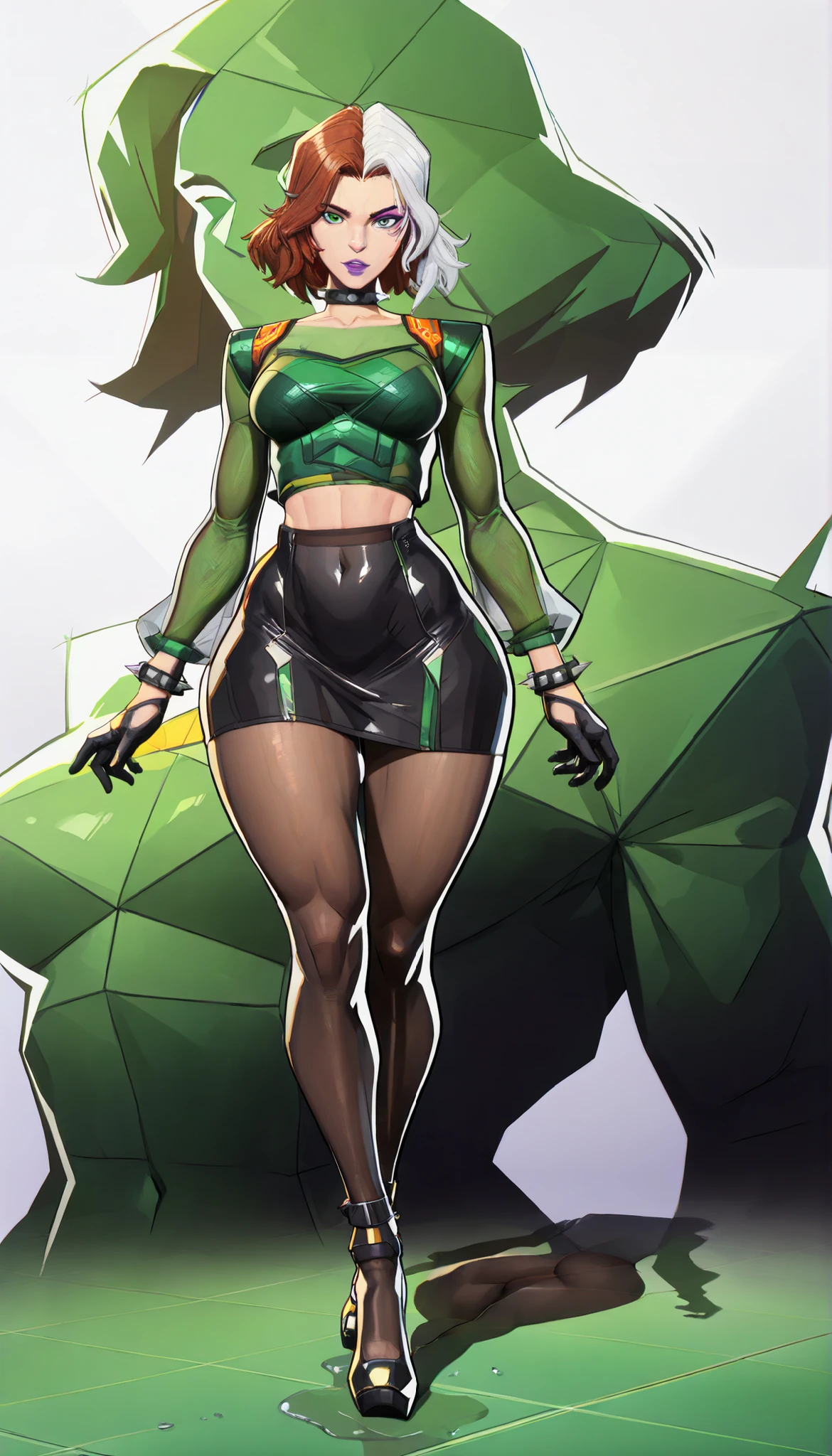 MarvelRivals, semi realistic, cartoon, highres, full body shot,, standing, anne marie , short hair , multicolored hair , two-tone hair , brown hair , white hair , grey eyes , makeup , lipstick , purple lips , flirting , raised eyebrow , ((looking at viewer)) , studded collar , see-through , green shirt , long sleeves , black gloves , pencil skirt , pantyhose ,Rogue, Marvel, multicolored hair, brown hair, white hair, purple lipstick, purple eyeshadow, green eyes,1girl,solo, see-through shirt, skirt, spiked collar, spiked bracelets, looking at viewer,brown hair, green eyes, white hair, makeup, ,dyed bangs,,best quality , masterpiece , intricate details , absurdres, 4k, covered navel, thick thighs, skin tight, wide hips, seductive, supermodel, gorgeous, showing off, green lighting, parted lips, illustration style, paiting,, abstract green flowers background setting, (two tones color background), watercolor painting. vibrant graffiti drips, isolated on a clean white background. splashes around, warm colors,, exquisite details, makeup,and powder green hues. pastel Splash technique to reproduce wet conditions, thighs, breasts, looking at viewer, , volumetric lighting, cinematic lighting,, big breast, , big perky breasts, sexy, seductive,,golden abstracts elements,, soft reflection,, BREAK,, high detail, ,(((wide hips))),, (wide thighs), BREAK (masterpiece, best quality, high detailed, 8k, 32k, uhd:1.2),(materpiece), (materpiece),(wide hips, thin waist, voluptuous), alluring, high resolution, intricate detail, lush detail,, a photorealistic photo, 8K, a mesmerizing woman, (((wide hips))),, BREAK (wide hips),, BREAK,toned ass, big ass, peachy ass, round ass, BREAK,, masterpiece, best quality,, best quality, BREAK , sexy thighs, sexy ass,(big ass), (peachy ass), toned ass, round ass, bubble ass,, amazing quality, very aesthetic, masterpiece, 8k, high quality, (best quality:1.1)
