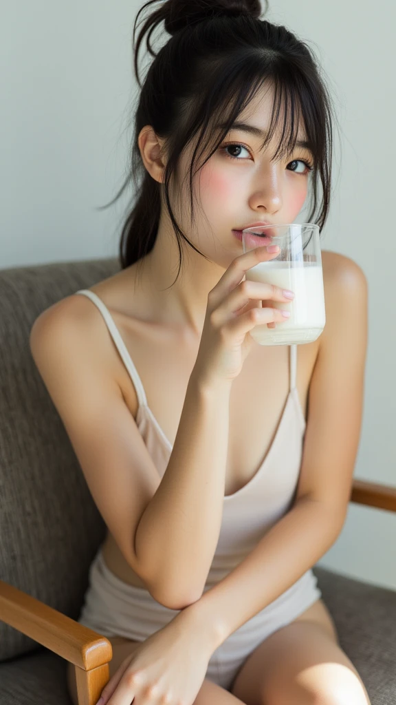 A 20-year-old woman with the cute face of an idol who looks 15 years old.。Gentle and cute。Please smile kindly。She is completely naked、Bust is small She is drinking milk cutely in the kitchen Raw photo real genuine real life No copyright notice