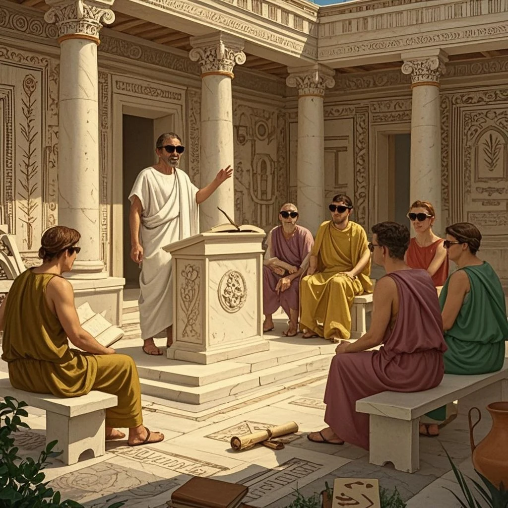 A majestic Greek philosopher standing in a grand marble hall, surrounded by ancient scrolls and symbols of knowledge. The philosopher gazes thoughtfully into the distance, with rays of sunlight highlighting his figure. The scene is serene yet powerful, evoking a sense of wisdom and the importance of understanding ethics. The overall style is reminiscent of classical Greek sculptures, with intricate details and a sense of timelessness.
