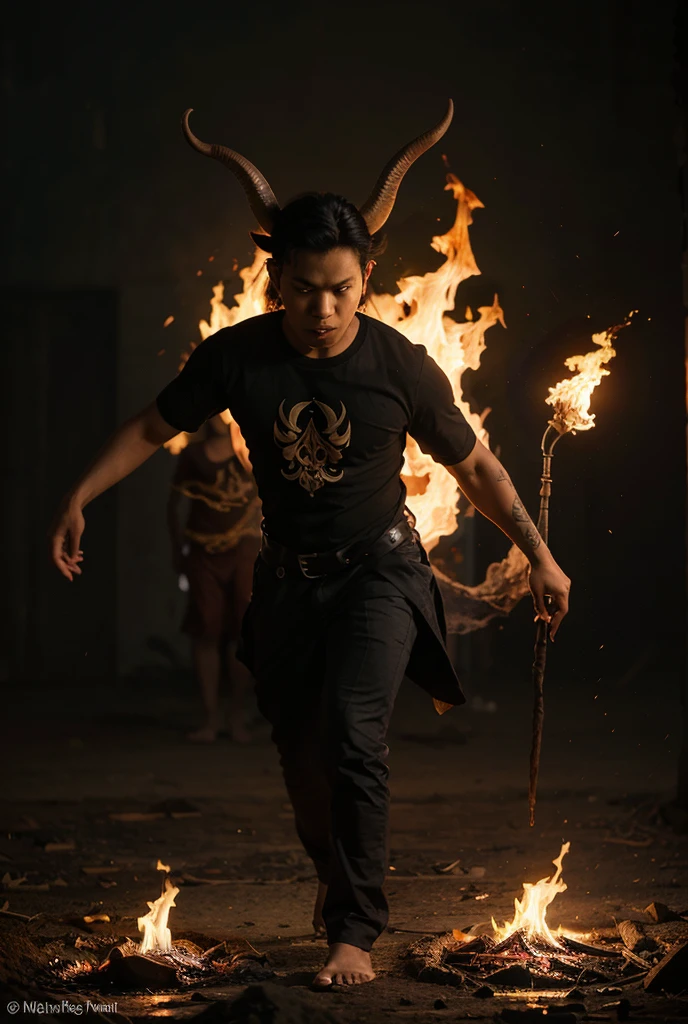 very detailed and realistic photo, HD quality, 4K, a man expert in traditional Javanese Indonesian martial arts. 50 years old, sturdy body slightly muscular, short black hair, position facing the camera, with a horse stance, right hand holding a fire sword and left hand clenched crossed in front of the chest, wearing a white t-shirt, black pants and traditional Javanese shoes, in a dimly lit room full of mystical nuances there is white smoke, behind the person's standing position there is a very exotic fire dragon, showing the dragon moves demonstrated by the martial arts expert. A young Indonesian girl facing the camera appears, clean smooth skin, loose black hair with a red and white Indonesia flag headband wearing a tight white t-shirt and sexy short bottoms wearing traditional Javanese Indonesian shoes sitting half cross-legged in front of the martial arts expert. make it in detail and very complicated and very clear, realistic and sharp.