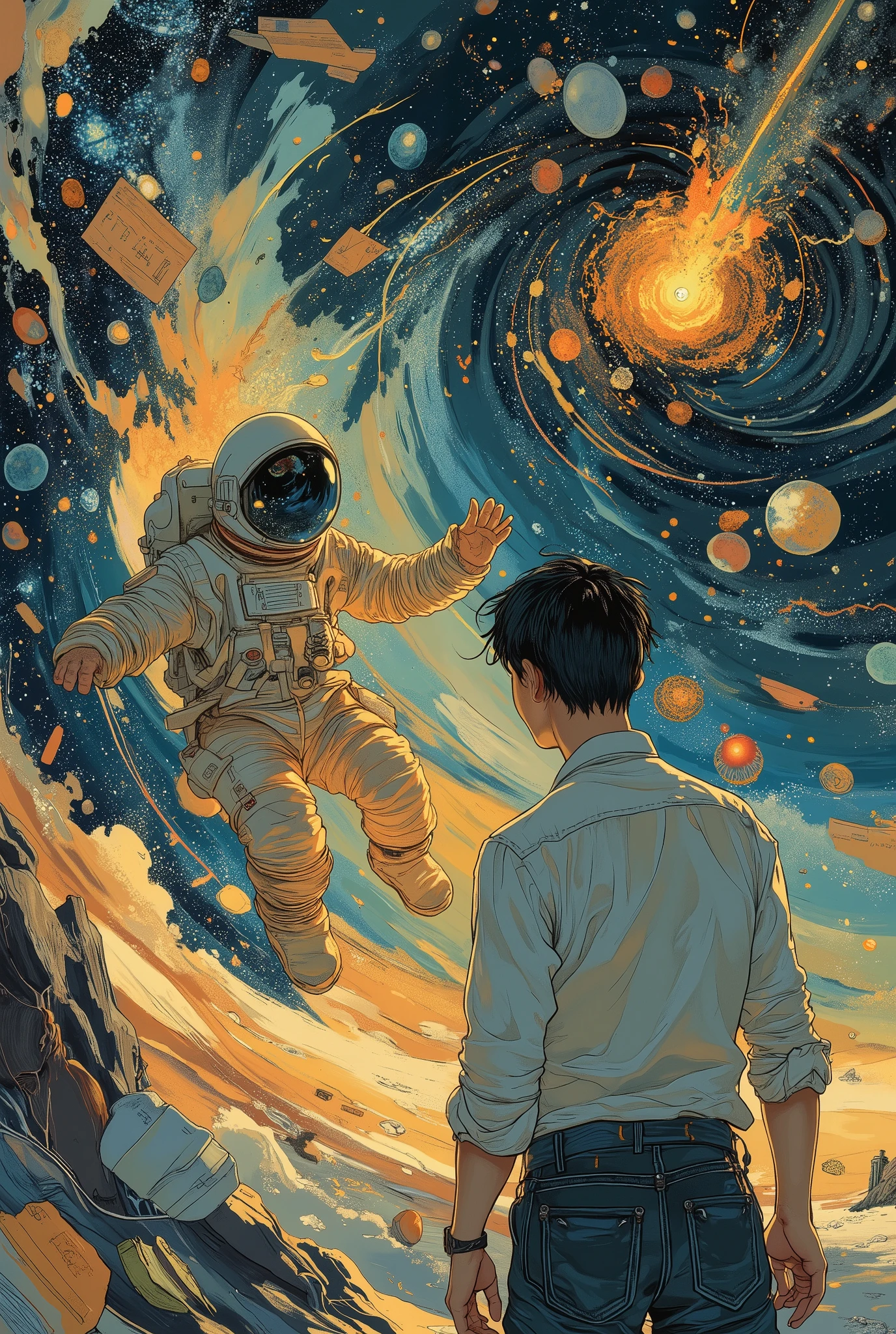oil painting style, emotionally charged scene of a 30-year-old tired Japanese salaryman in a wrinkled white shirt and loosened necktie, standing beside a suited astronaut with his back turned to the viewer, both figures floating gently upward into a star-filled cosmos, their bodies illuminated by a soft ethereal glow, surrounded by swirling cosmic dust, glowing nebulae, and floating fragments of hood dreams like paper rockets and sketches, the Earth fading below them, their hands almost touching as if taking flight together, symbolizing hope and lost dreams reignited, vivid brushstrokes, textured canvas, rich colors blending fantasy and emotion, impressionistic style, oil painting, high detail