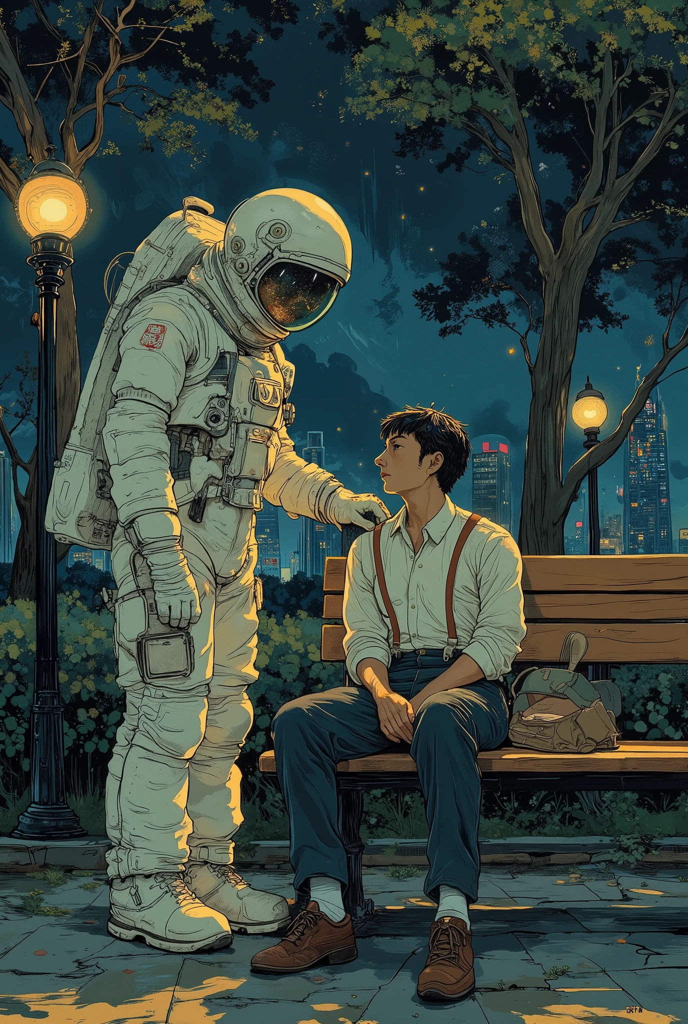 oil painting style, emotionally charged scene of a 30-year-old tired Japanese salaryman in a wrinkled white shirt and loosened necktie, standing beside a suited astronaut with his back turned to the viewer, both figures floating gently upward into a star-filled cosmos, their bodies illuminated by a soft ethereal glow, surrounded by swirling cosmic dust, glowing nebulae, and floating fragments of hood dreams like paper rockets and sketches, the Earth fading below them, their hands almost touching as if taking flight together, symbolizing hope and lost dreams reignited, vivid brushstrokes, textured canvas, rich colors blending fantasy and emotion, impressionistic style, oil painting, high detail