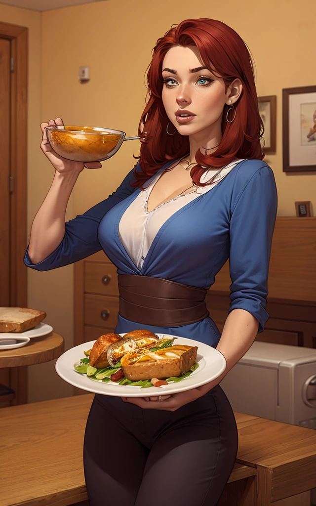 Christina Hendricks, masterpiece quality, sitting at dinner table, lots of food on table, in dining room, wearing white tank top, wearing blue jeans, wearing choker collar, 