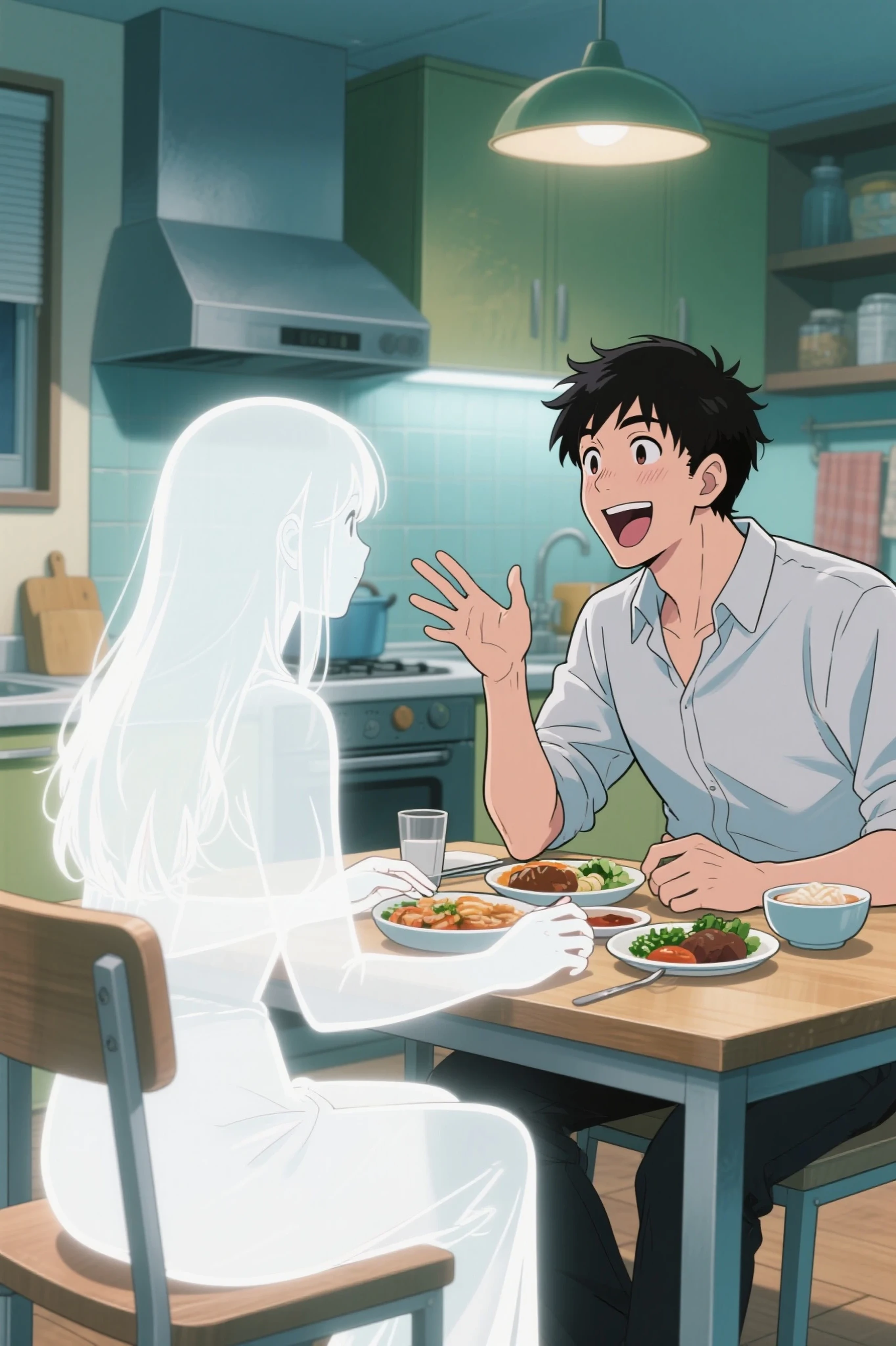 (1girl,1boy:1.4),
There are two people, a husband and a wife, they are sitting face to face, Meals for 2 are placed on the kitchen desk, (My wife's entire body is pale and translucent, and the background can be seen through, The outline of the wife is white:1.4), the husband is on the right and the wife is on the left, The husband is talking to his wife while laughing loudly, The eyes are on the wife, eye contact, 
situation： since I lost my wife, My husband thinks his wife is still alive, 
Painting:anime style, thickness of the outline like a shonen manga,Bright colors like American comics, Super Detailed, 4K resolution for hard hair, Highest Quality, (perfect fingers, dainty hands, perfect anatomy:1.1)