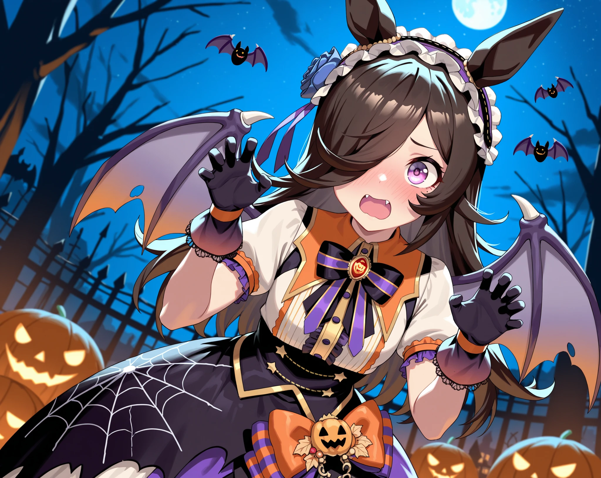 A puppy with bat wings, Halloween night, looking cute as he chases a in a princess costume