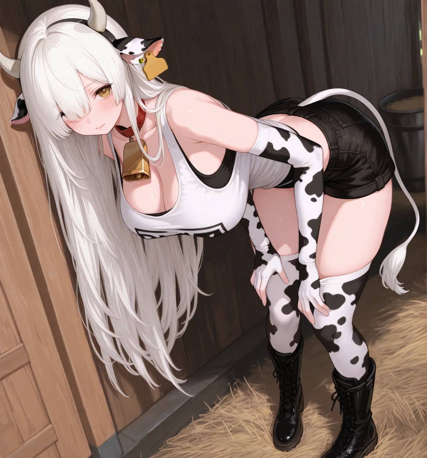 (hews art style:0.7), score_9, score_8_up, score_7_up, score_6_up, uncensored, yor briar, black hair, white hairband, red eyes, BREAK (masterpiece:1.2), best quality, high resolution, (beautiful detailed eyes:1.3), perfect lighting, (perfect hands, perfect anatomy), hearts, pleasured, animal_print, cow_print, breasts, 1girl, gloves, horns, elbow_gloves, solo, animal_ears, thighhighs, huge_breasts, bell, rating:questionable, cow_ears, collar, cleavage, blush, swimsuit, bottle, looking_at_viewer, bikini, bell_collar, cow_bell, fake_horns, navel, cow_horns, curvy, detached_sleeves, cow_girl, mature, rating:safe, smile