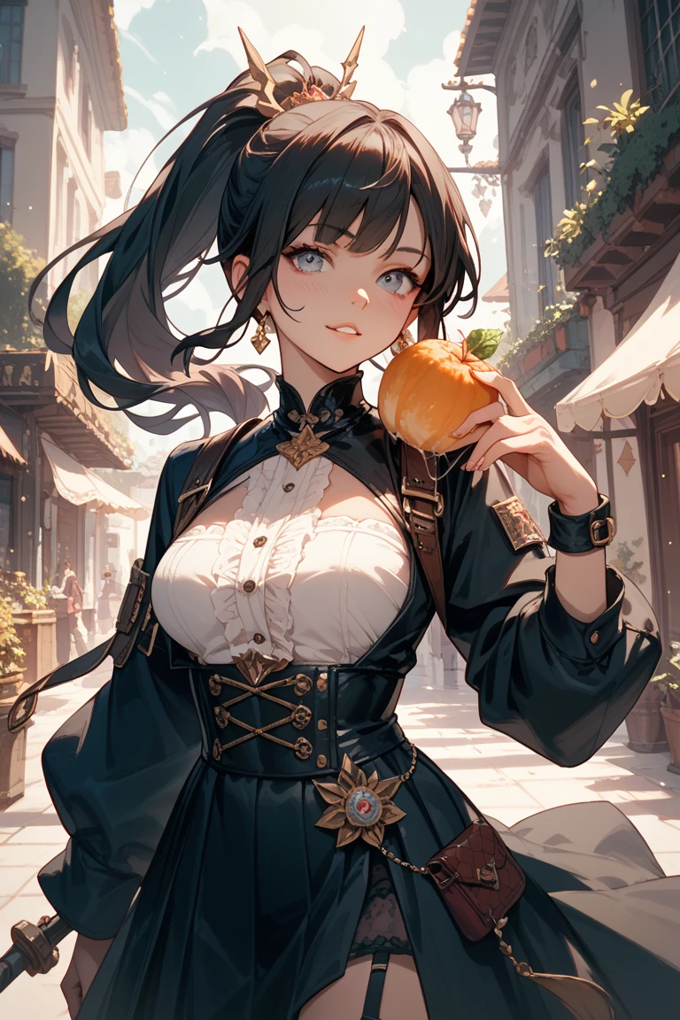 (small breasts:1.2), (perky chest:1.2), (pointed chest:1.2), (Pudding cake magazine cover:1.3),(from above:1.0),(from side:0.9),masterpiece, 1girl, Amazing Cleavage:1.1, thin waist, big ass, Raised sexy, posed cleavage:1.2,(perky chest:1.2), (pointed chest:1.2),(farmhouse entrance:1.0),(((brown Tunic:1.3))),(((lemons and stroberies in the basket),Cute and beautiful girl,Cute round face,Cute smile,Red Lip, looking at viewer, open mouth, have a cute glass of beergrass,black hair, dark green eyes, deep brown public party dress, bare shoulders,collarbone, sidelocks, hairband, earrings wih safia  jewelry, outdoors, darck coller off shoulder sweater dress, plant, short hair with long locks, gild hairband, off-shoulder dress, sweater dress, off-shoulder sweater, black sweater, dark gord hair, big side hair, very long side hair,is rendered in (masterpiece: 1.2, best quality), wit? (ultra high resolution) and an exquisite (depth of field). ,(Bangs are see-through bangs),hair pin,hair adornments,detailed clothes features,Detailed hair features,detailed facial features,(Dynamic angles),(Dynamic and sexy poses),clothes that emphasize big breasts,Cinematic Light,(masutepiece,top-quality,Ultra-high resolution) ,(The 8k quality,Anatomically accurate facial structure,),(Sea Art 2 Mode:1.3),(Image Mode Ultra HD,) 
