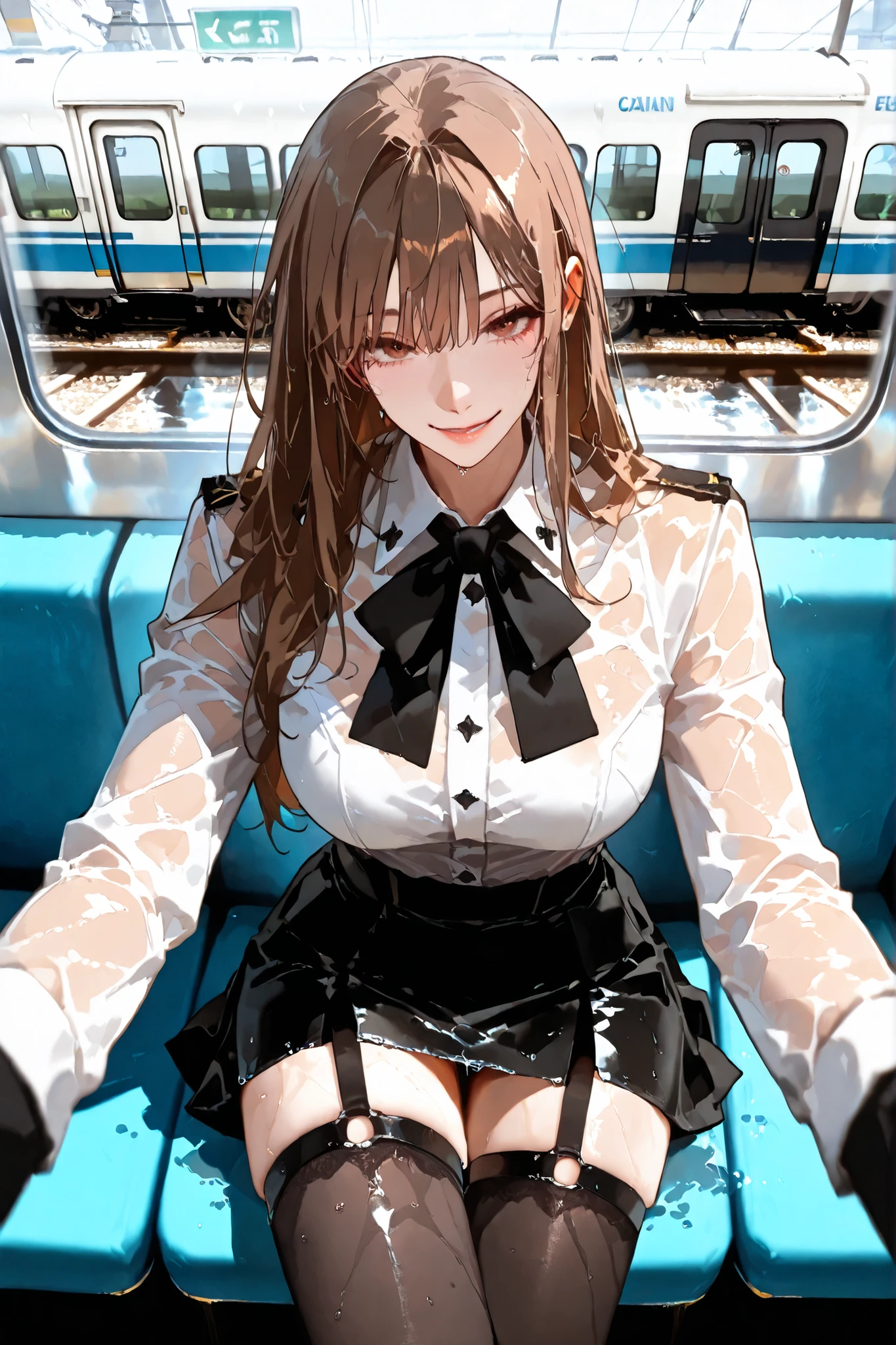 (SuperQuality:1.0) ~ (SuperQuality:1.2), detailxl, 1girl, High Resolution, Best Quality, High Details, Super Detailed, public train, YooSangah, brown eyes, brown hair, long hair, Large breasts, Whiye Shirt, Black skirt, stockings, thigh strap, sitting, POV, Wet, Seductive Smile, looking at viewer,
