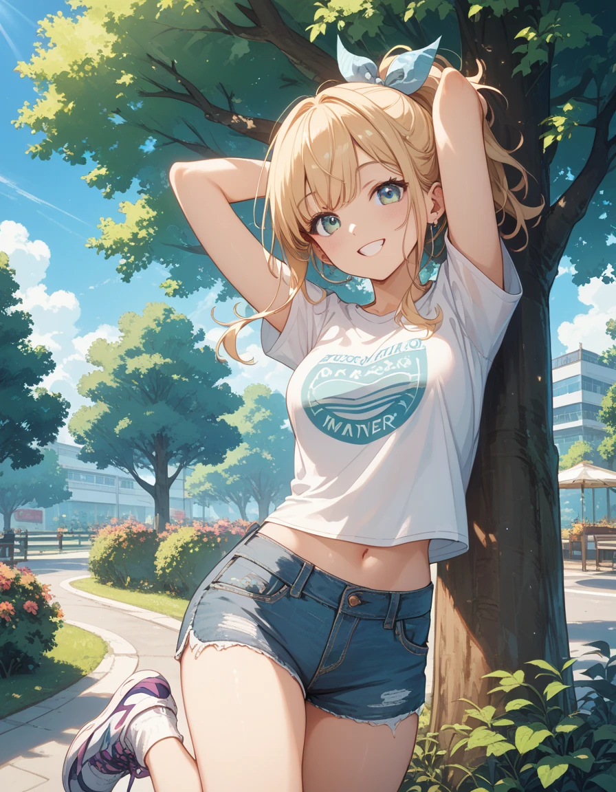 Anime art, a 15 year old girl yellow long pony hair, blue eyes, blue eyes, sexy, wearing a white t-shirt, bare shoulders, Ideal body, Under the tree, Hot, wearing white socks, shorts, Two braids Hair