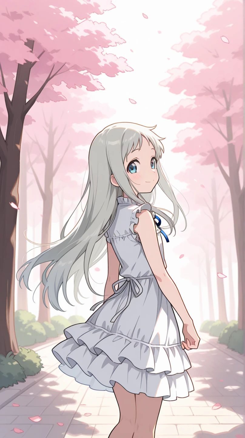 ((((little loli)))))), outdoor, long hair, cute, white stockings, high quality, white hair, heart-shaped pupils, hair accessories, earrings, bows, short sleeves, hairpins, moe, shy, blue eyes, ((((((young))))), (bright eyes), (slip dress)