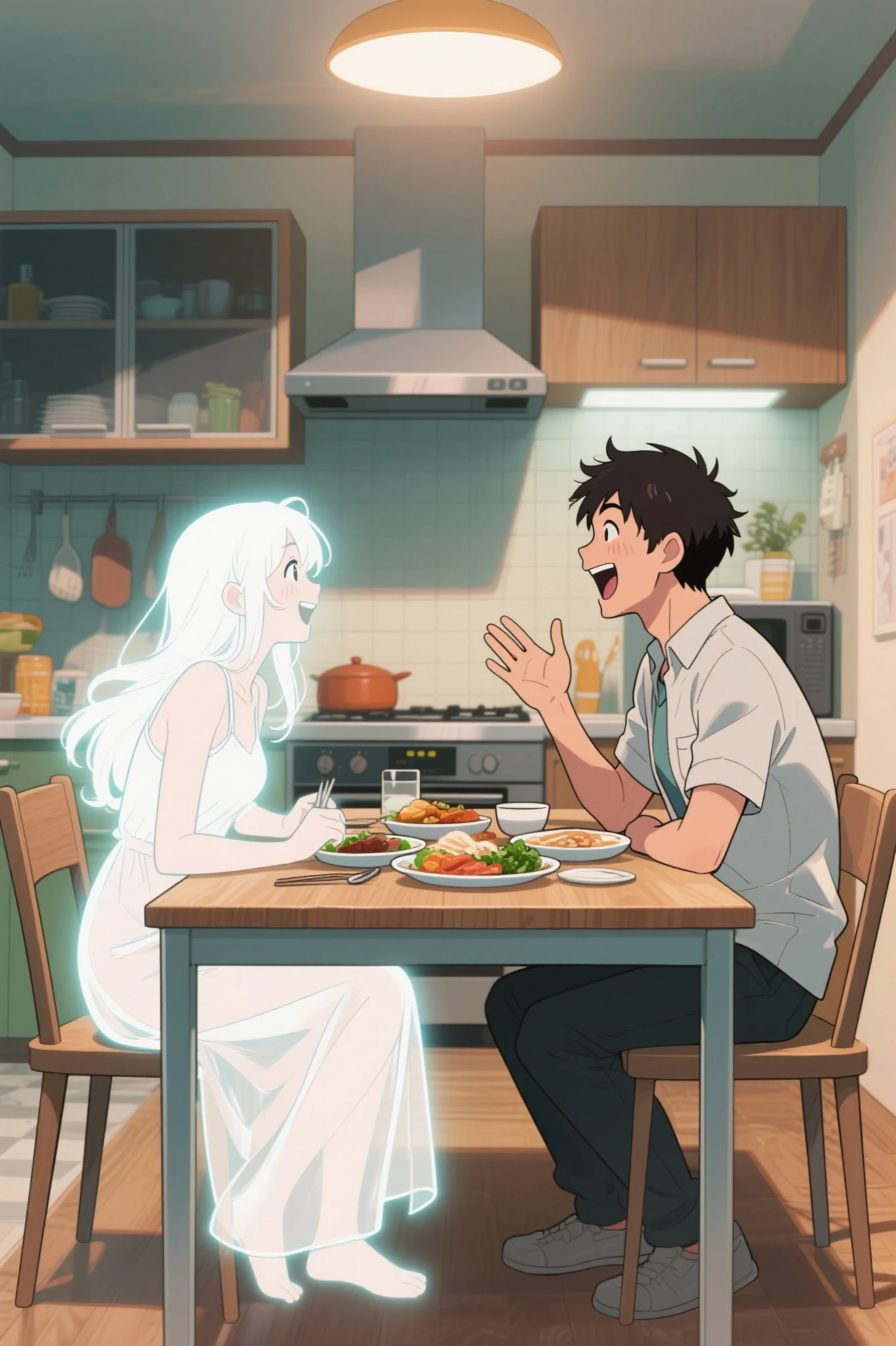 (1girl,1boy:1.4),
There are two people, a husband and a wife, they are sitting face to face, Meals for 2 are placed on the kitchen desk, (My wife's entire body is pale and translucent, and the background can be seen through, The outline of the wife is white:1.4), the husband is on the right and the wife is on the left, The husband is talking to his wife while laughing loudly, The eyes are on the wife, eye contact, 
situation： since I lost my wife, My husband thinks his wife is still alive, 
Painting:anime style, thickness of the outline like a shonen manga,Bright colors like American comics, Super Detailed, 4K resolution for hard hair, Highest Quality, (perfect fingers, dainty hands, perfect anatomy:1.1)