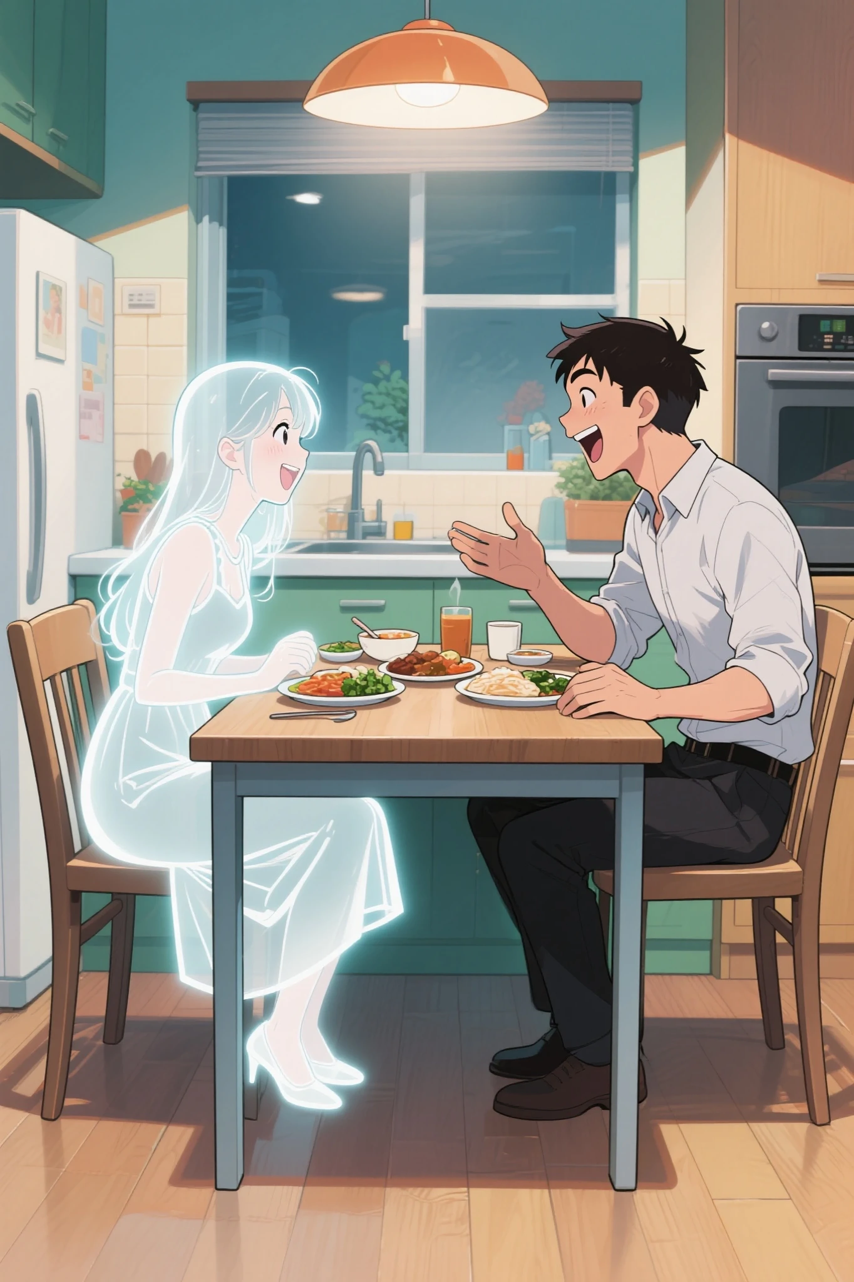(1girl,1boy:1.4),
There are two people, a husband and a wife, they are sitting face to face, Meals for 2 are placed on the kitchen desk, (My wife's entire body is pale and translucent, and the background can be seen through, The outline of the wife is white:1.4), the husband is on the right and the wife is on the left, The husband is talking to his wife while laughing loudly, The eyes are on the wife, eye contact, 
situation： since I lost my wife, My husband thinks his wife is still alive, 
Painting:anime style, thickness of the outline like a shonen manga,Bright colors like American comics, Super Detailed, 4K resolution for hard hair, Highest Quality, (perfect fingers, dainty hands, perfect anatomy:1.1)