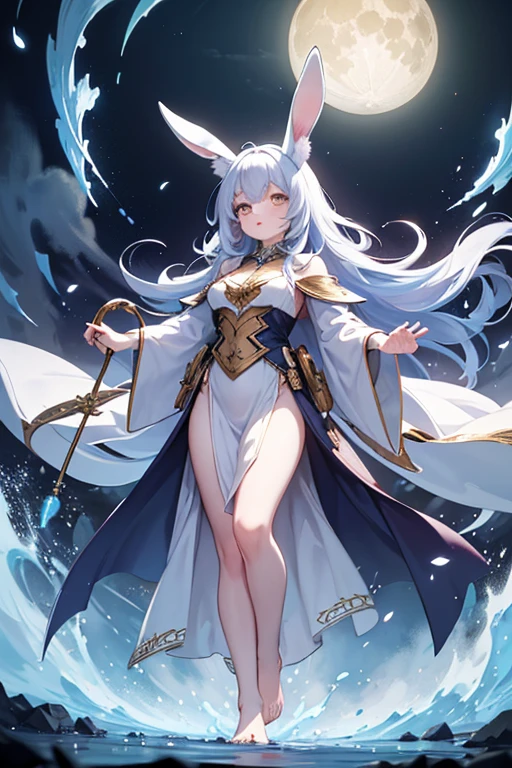 very cute girl, white bunnygirl cosplay, big round fluffy tail, tattoos, light brown wavy short hair, sparkling red big eyes, abs, great proportion, full body shot, background kaleidoscope, anime, illustration, fantasy, portrait, animification, high resolution, best quality, very high image quality, ultra detailed, hyper realistic, photorealistic