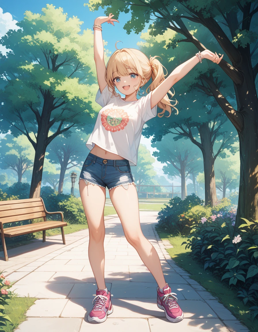 masterpiece,highest quality,official art,Highly detailed CG Unity 8K wallpaper,one cute tanned girl,black bra,black bikini,Flat chest,Navel exposed.,toned body,barefoot,私inside the city,ponytail,blonde,wearing sunglasses,smile,smiling face,face is turning red,Empty-handed,Sunlight hits,light is reflected on the skin,standing at a crosswalk,((Ultra Wide Angle Photography)),((straighten your legs)),The entire body fits compactly in the center,full body,Many people々