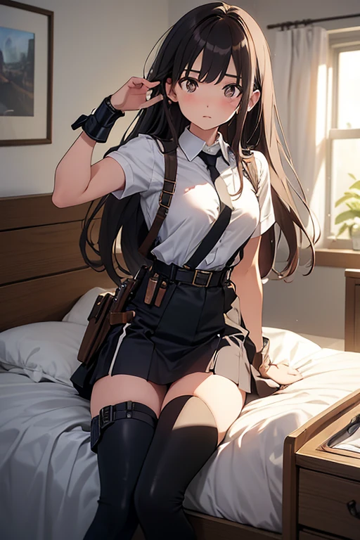 masterpiece、flat-colors、depth of fields、lens flare 1 girl、、Brown hair、watching at viewers black suspenders Bulging big breasts walls: Black miniskirt garters Gaze Small face bangss holster Belt Armament Beautuful Women srestrained hands up Lying in bed Leg holster lying on the bed
