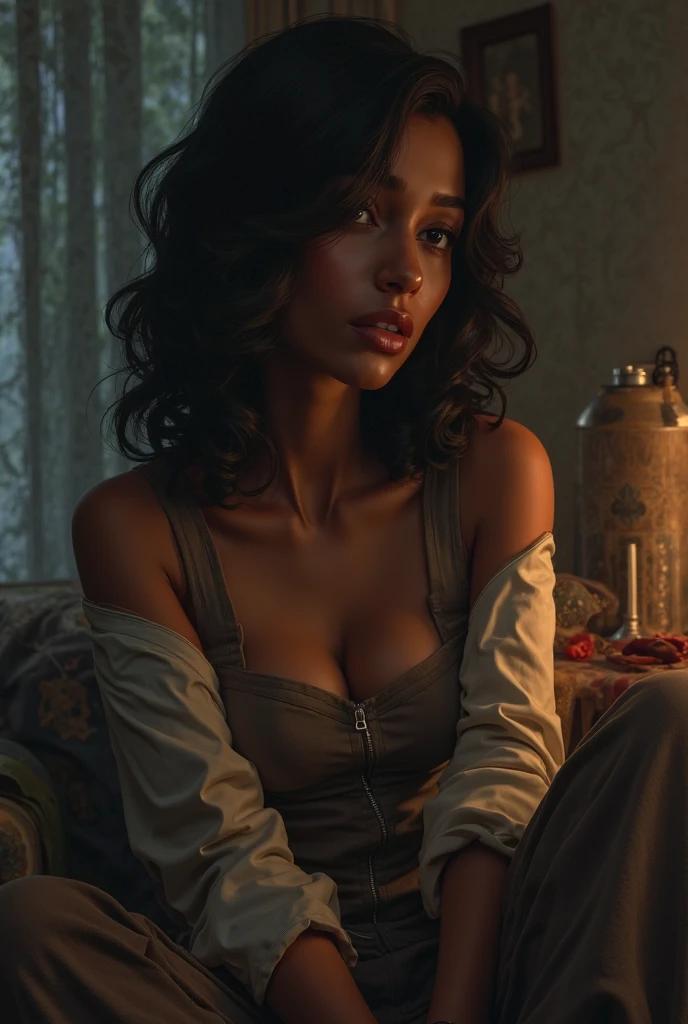 (Highest quality:1.4)，(masterpiece:1.4)，(Realistic:1.4)，(Realistic:1.2)，(超High resolution， RAW Photos:1.4)，(High resolution， Ultra-detailed:1.2)，(8k:1.2)，View your viewers，Cinematic photography，One person，skeletally correct，Black-haired woman，Woman in her early 20s，(Small earrings，necklace，Brown cape collar dress)，（Western-style building interior，Dimly lit room，The lamplight shines on my cheeks，kneel）