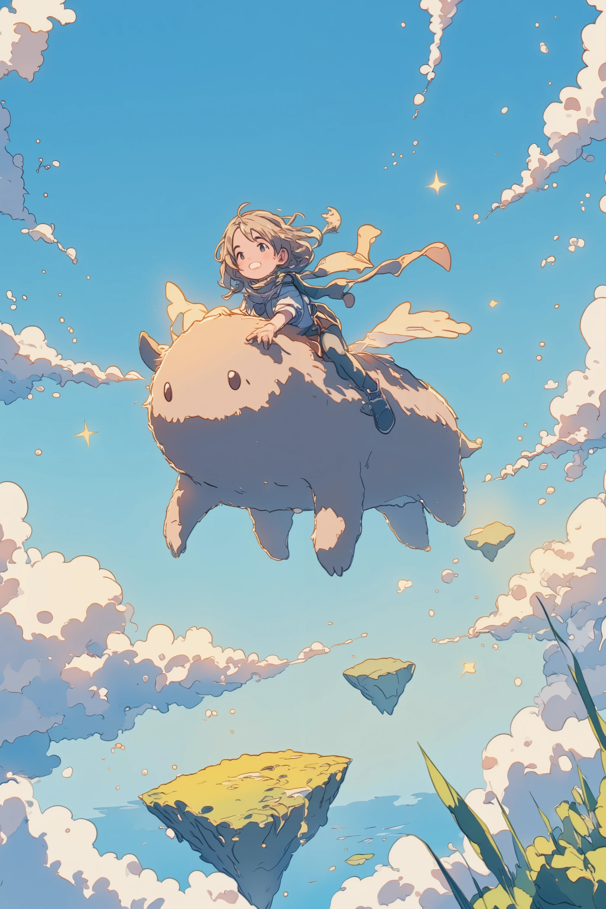 A cute fantasy monster flying through the sky with a  riding on its back, joyful and full of wonder. The monster has fluffy textures, big gentle eyes, small wings flapping hard to keep them airborne. The girl is smiling, holding onto the monster tightly, her hair and scarf fluttering in the wind. Floating islands and sparkling clouds surround them, a dreamy blue sky in the background. Cinematic lighting, soft glow, fantasy adventure style, whimsical and heartwarming atmosphere.
