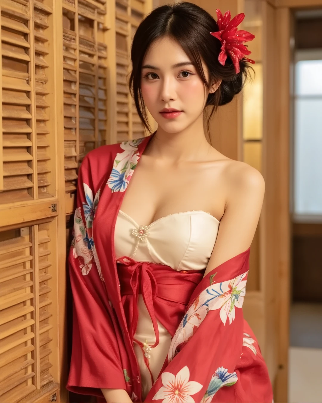 A high-resolution artistic portrait of a beautiful Asian woman in a modern-style kimono with bold floral and butterfly patterns. The kimono is luxuriously draped off one shoulder, revealing an elegant inner garment like a soft corset. Her posture is confident yet graceful, exuding a sense of quiet allure.
Her hairstyle is styled in an elegant updo with a modern twist, decorated with a striking red spider lily hairpiece. She looks toward the camera with soft intensity, her makeup perfectly balanced with a warm smoky eye and soft lips.
The setting is a warm, softly lit Japanese-inspired interior with bamboo and wood textures, creating a golden ambient glow. The atmosphere is cinematic, with soft background bokeh and strong focus on her facial expression, fabric textures, and graceful pose.
Elegant, subtly sexy, culturally inspired, fashion-forward, and emotionally rich. Realistic skin textures, detailed fabric folds, soft lighting and shadows, deep depth of field, and rich artistic tones.