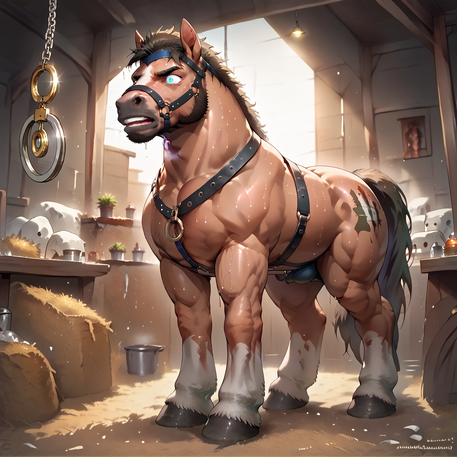 by Taran Fiddler, by Chunie, by Darkgem, centaur, solo, young centaur , medieval town, male, big hooves, bright white fur, white hair, man bun, anatomically correct centaur, docked tail, human face, human nose, human eyes, chubby, wide equine hips, thick thighs, elderly male, face wrinkles, drooping eyes, mustache, big nipples, facial hair, thick eyebrows, raised tail, anatomically correct horse penis, penis sheath, sweating, blue doublet white centaur, horse penis , centaur penis , penis erection, penis erect, 4k quality