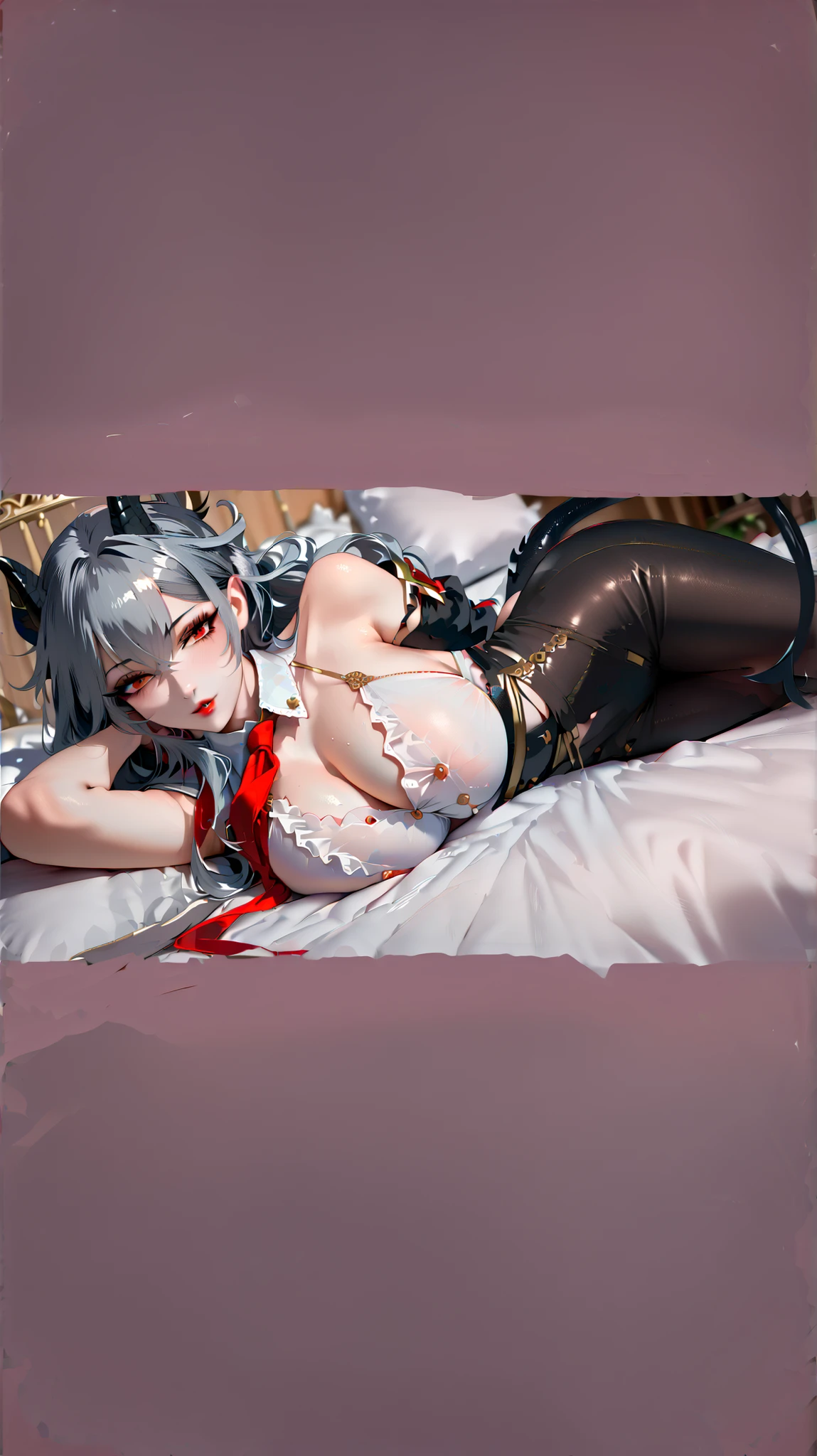An adult woman half fox and wolf, wide breasts, red eyes, white hair, very sexy, underwear, very shy