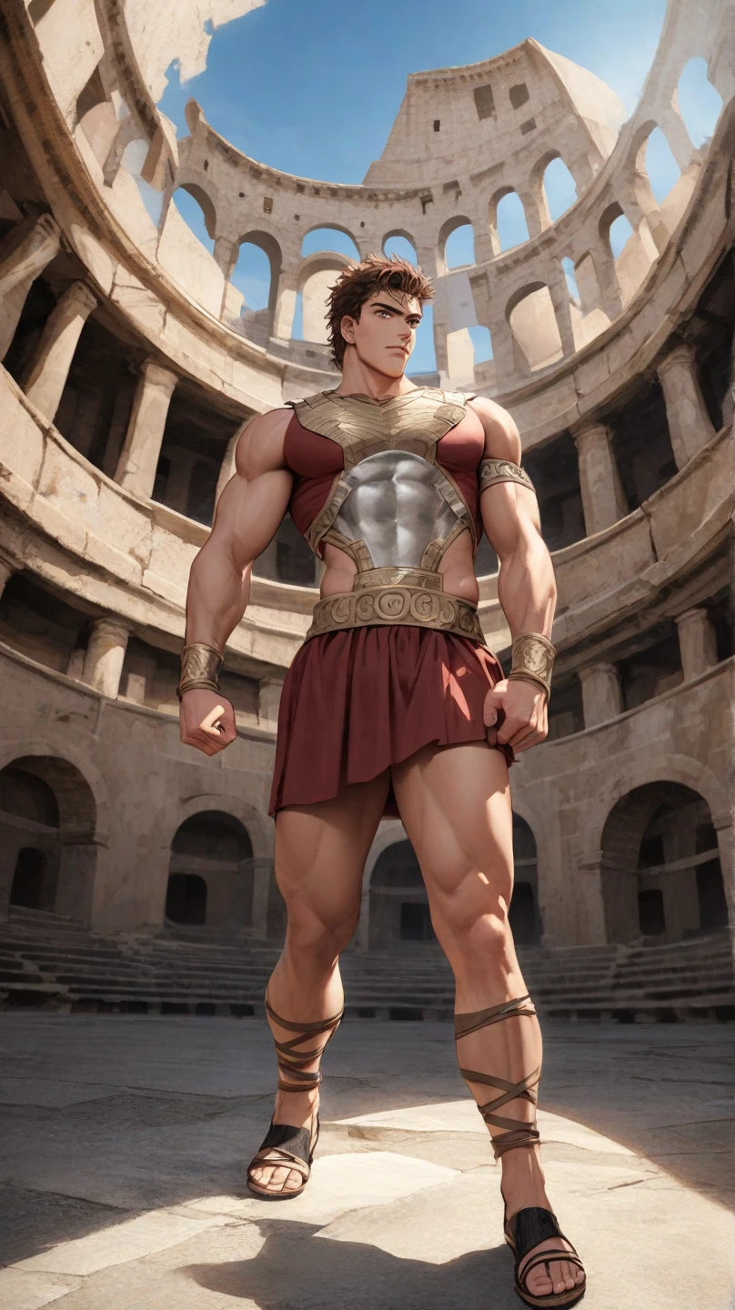 Mighty gladiator, chest uncovered, lower body revealed from thighs to feet, cascading long curls, detailed muscular physique, lifelike depiction, 4K resolution. Background: Colosseum during a spectacular sunset,32k uhd, best quality, masterpiece, super detail, high details