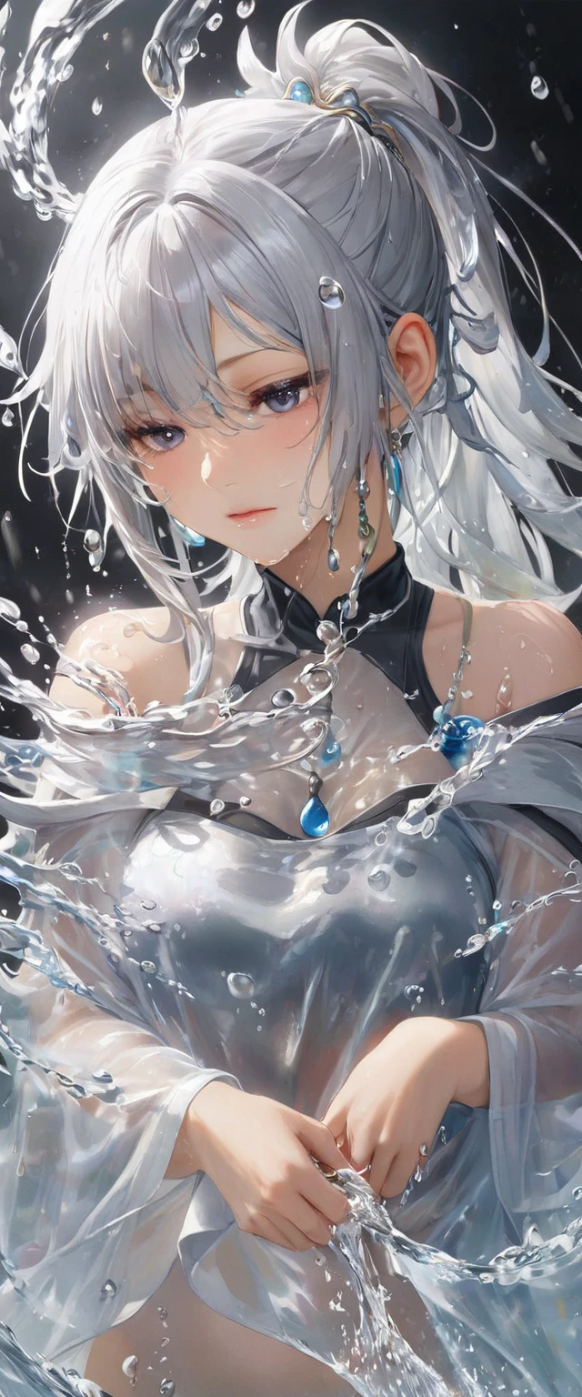 masterpiece, best quality,Illustration, Wallpaper, ultra detail, absurdres,
1girl, (mature female), solo, (liquid hair:1.2), (detailed eyes), large breasts,
(full body), long hair, bangs, white hair, black witch, bare shoulders, covered nipples, casting spell, torn clothes, torn skirt, angry,
waves, water, water drop, looking to the side, wading,
(ruins:1.3), (forest, night, blood moon) ,
<lora:LiquidHairV3(104):1> ,