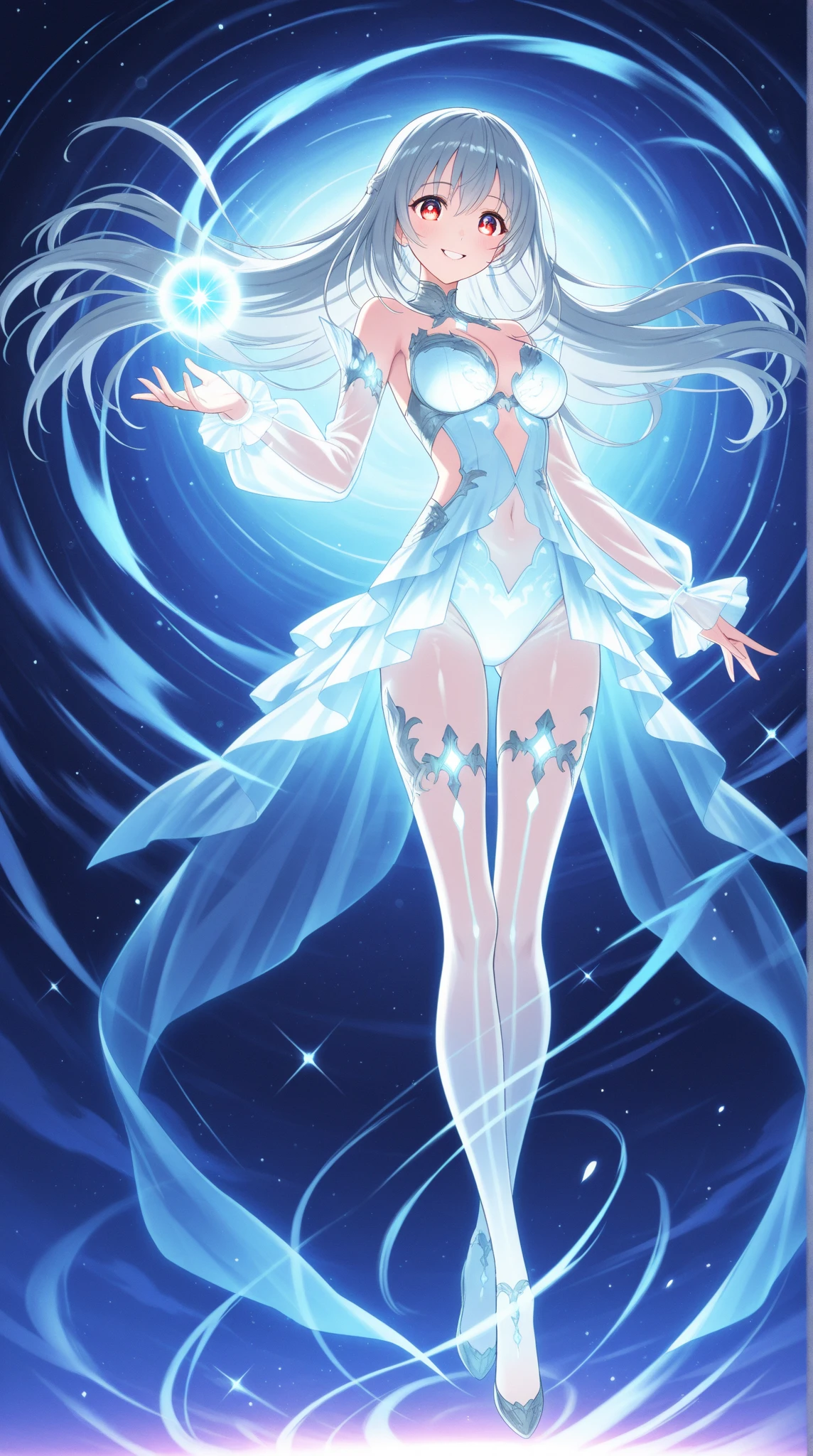 (colored skin, blue skin:1.25), Ethereal and alluring, the pajama-clad alien floats weightlessly in the vast expanse of space. Her lithe, sinuous form moves with a fluid grace, her body draped in silken, pastel-hued garments that seem to shimmer in the starlight. A wreath of iridescent crystals adorns her flowing tresses, while her luminescent eyes radiate a beguiling, otherworldly charm. Though she is surrounded by the cold emptiness of the universe, there is a palpable warmth to her presence, a sensual energy that crackles and hums like electricity. She was complimented with her glowing yellow hair.