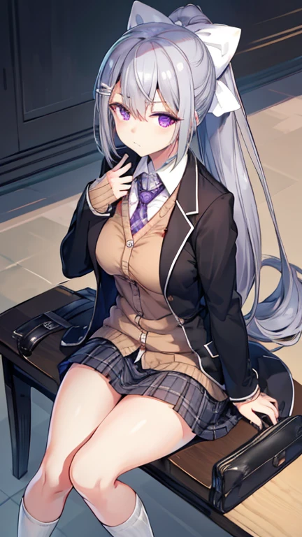 ultra-detailed,
master piece,best quality,high resolution,
beautiful eyes,detailed eyes,detailed face,
beautiful detailed eyes,symmetrical clear eyes,
1girl,,Higuchi Kaede, One Girl, Virtual YouTuber, alone, Long Hair,  skirt, tie, Jacket, Purple eyes, socks, ponytail, hair ornaments, white bow, hair bow, bow, blazer, very Long Hair, purple tie, pleated skirt, white socks, Hair Clip, Open clothes, cardigan, , Knee-length, Grey Hair, black Jacket, open Jacket, bangs, チェック柄 skirt, miniskirt, tachi-e, Long sleeve, grey skirt, chest, チェック柄 tie,Angry face,huge breasts,wide hips,