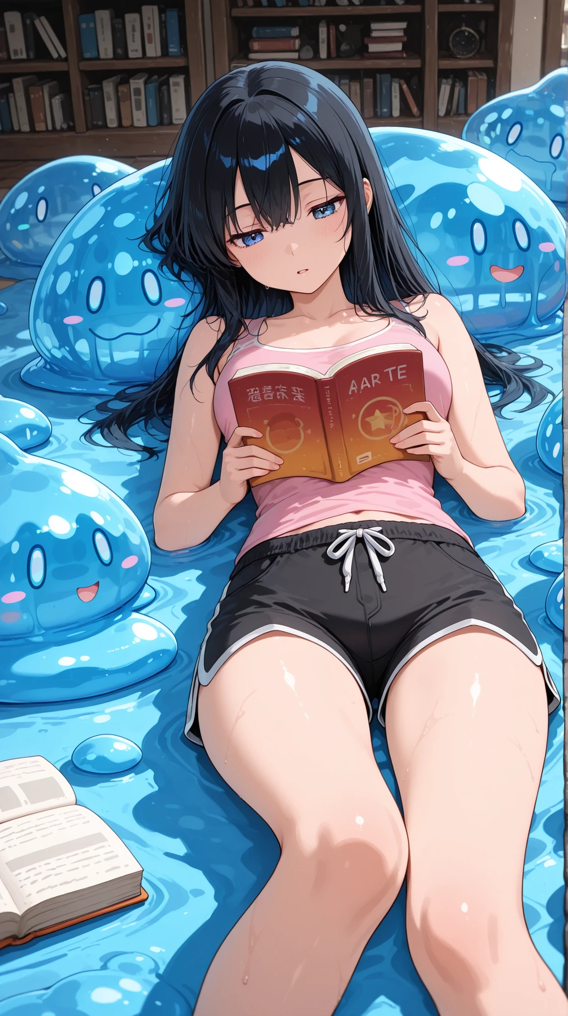 they are best friend, Lying on slime and reading a book, Very relaxing,the girl is wearing pink tank  top and black short pants with white  trim,