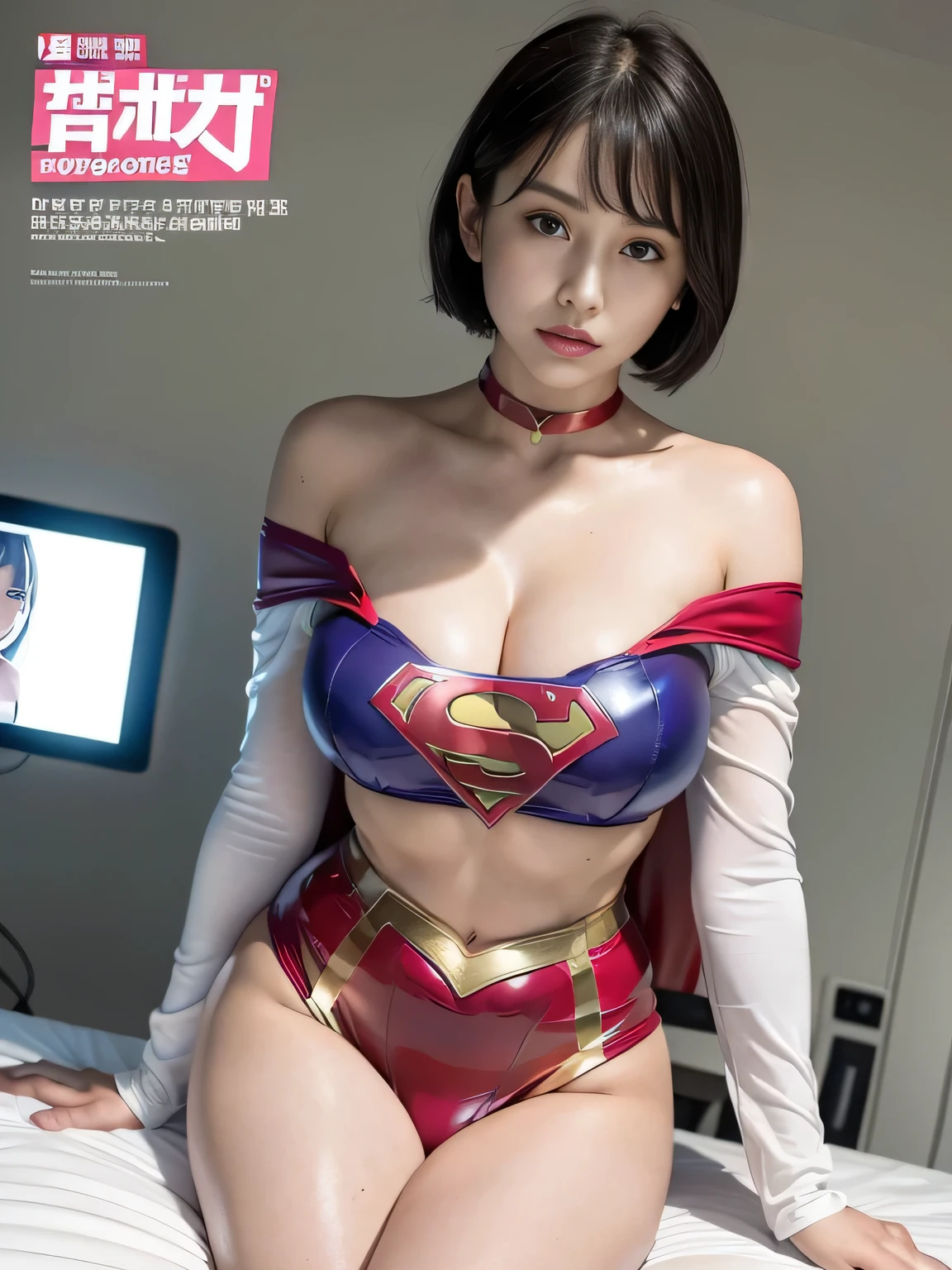 masterpiece、supergirl costume、short hair、barefoot、big and full breasts、Relax in bed、Sexy poses to seduce、model body shape、shiny、looking at camera、choker、long sleeve、red mini skirt、Weekly magazine cover、obscene、sweaty、Radical、off shoulder、Glamorous、Oily Skin、charm、charming、Fascinating、