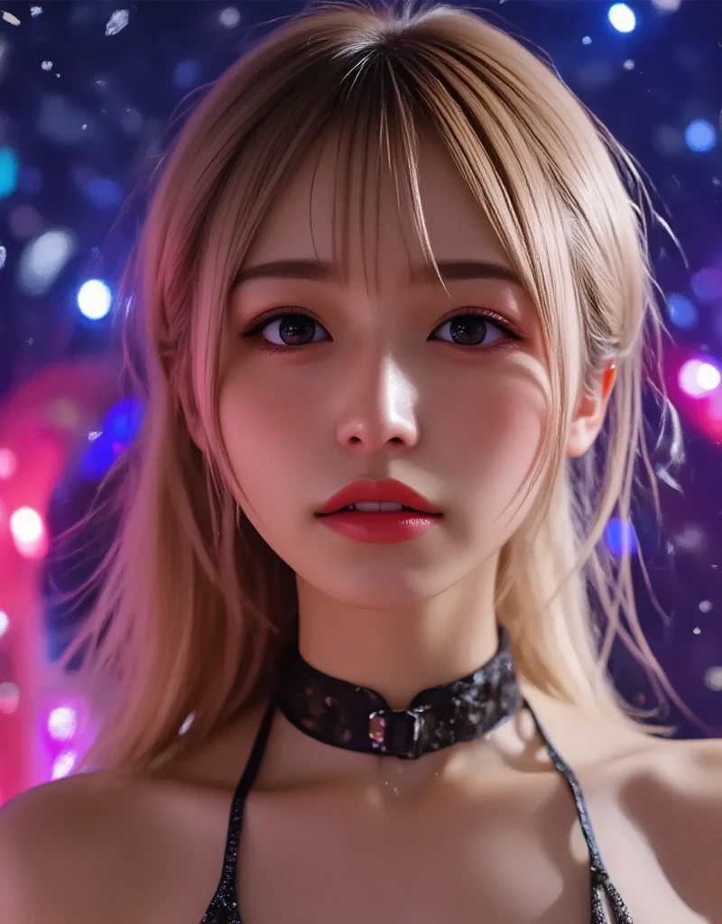 (Highest quality, 4K, 8k, High resolution, masterpiece:1.2), Very detailed, (Realistic, photoRealistic, photo-Realistic:1.37)、club、stage、Japanese、(Completely naked)、ear piercing、Blonde with a black choker、(Hairstyle:random),Shiny skin caused by lotion、Gal Fashion、Oily skin、Sweaty skin