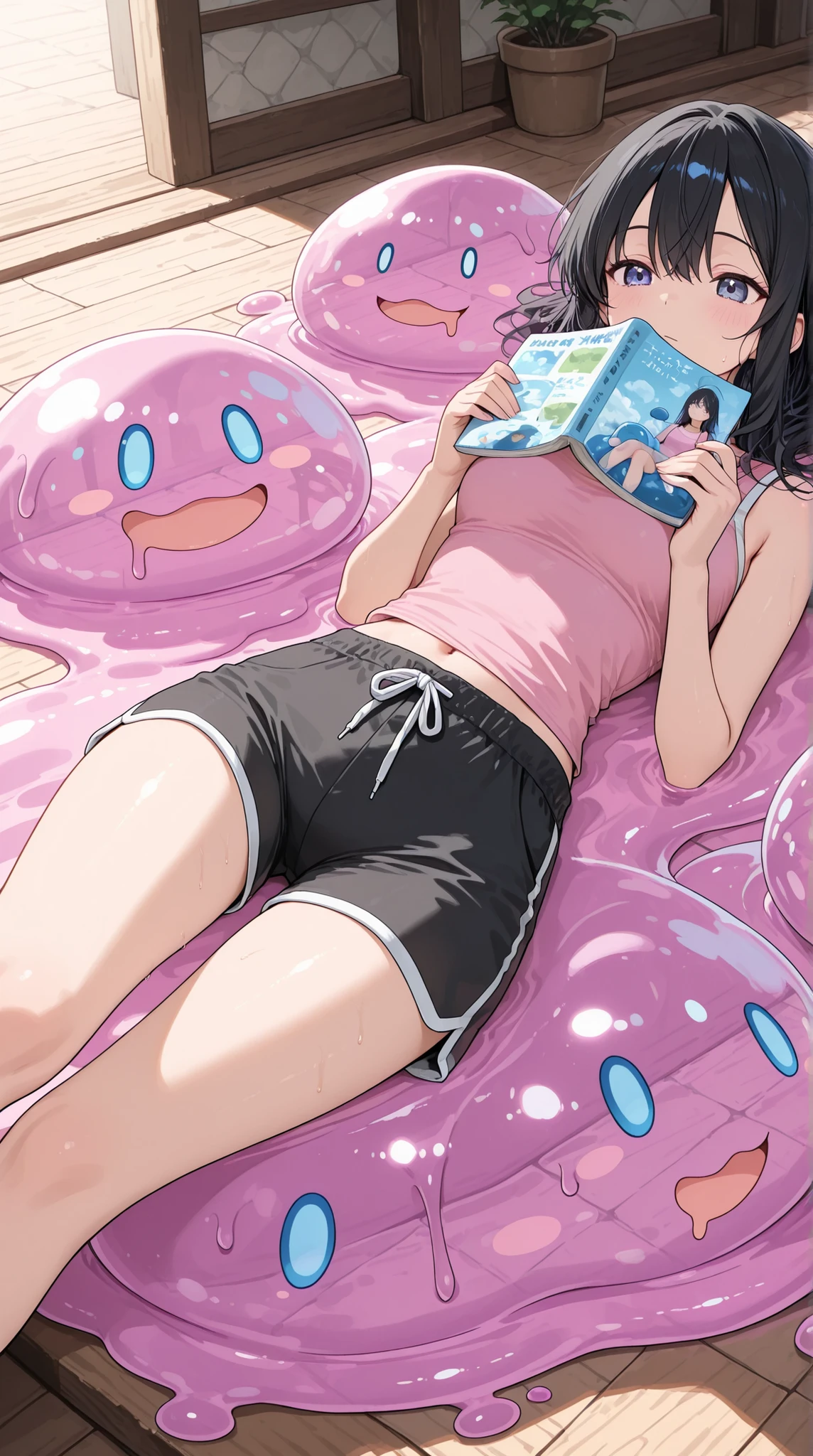 they are best friend, Lying on slime and reading a book, Very relaxing,the girl is wearing pink tank  top and black short pants with white  trim,