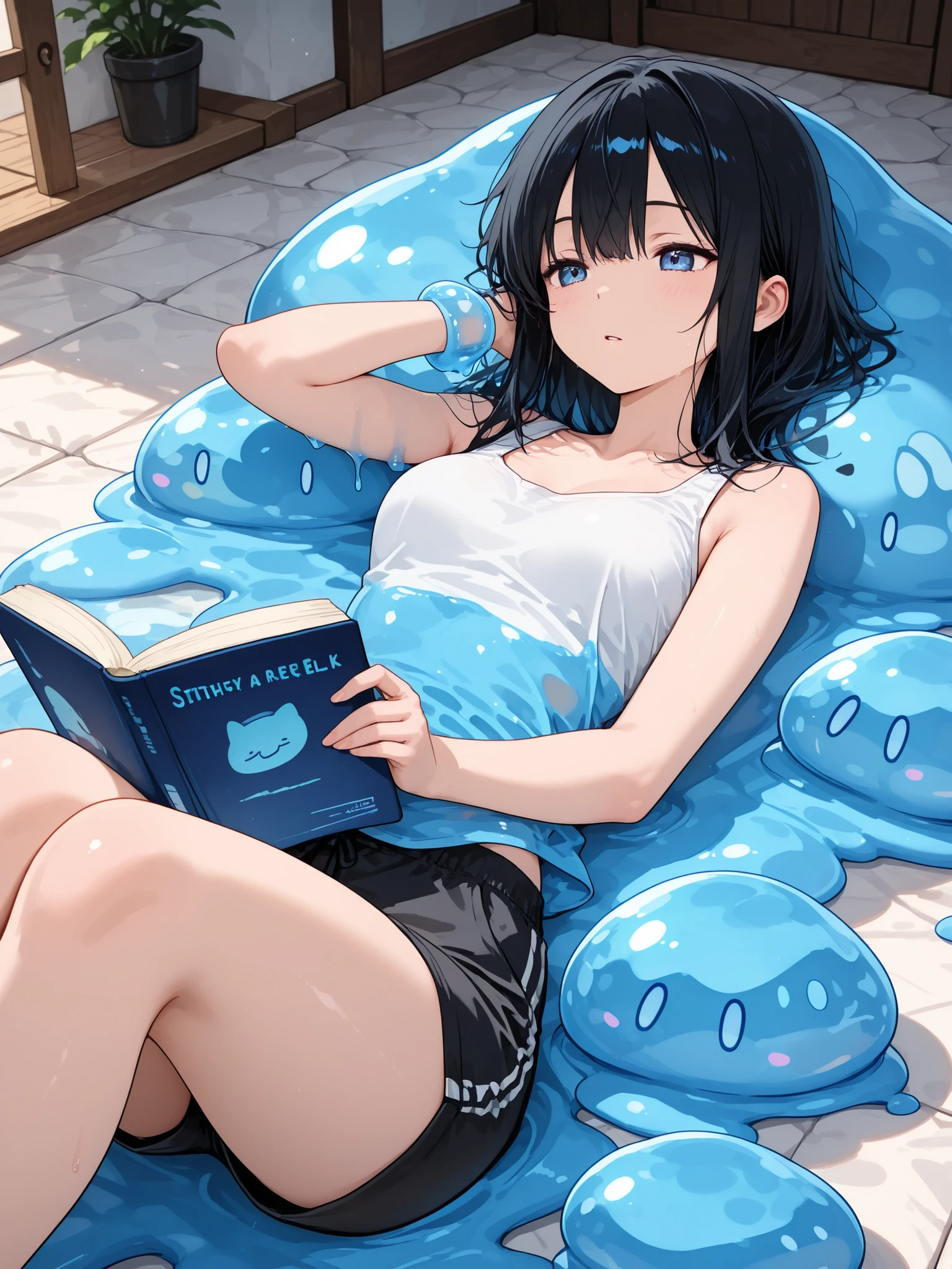 they are best friend, Lying on slime and reading a book, Very relaxing,the girl is wearing pink tank  top and black short pants with white  trim,